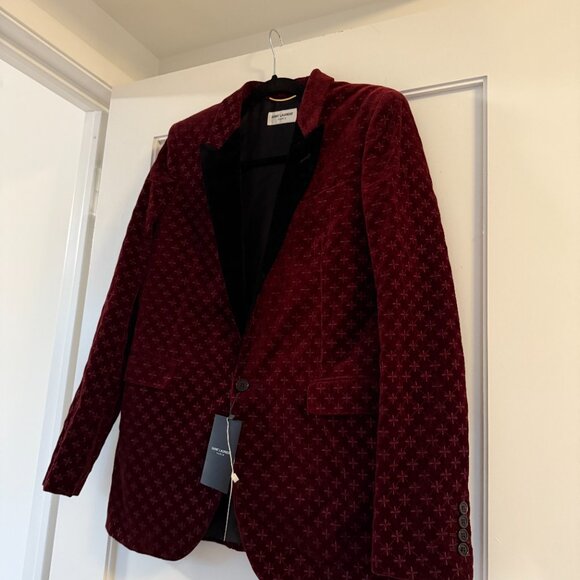 NWT Saint Laurent YSL Velvet Evening Blazer Jacket In Burgundy Sz 42 - Picture 7 of 11